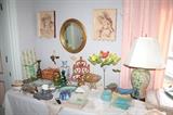 Asian lamp, Murano glass, handmade signed basket, pottery and china, vintage framed prints, and round mirror
