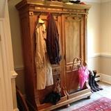 Antique pine coat rack/closet original pewter hooks and umbrella trays c. 1850 Austria/Hungary