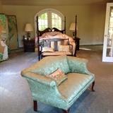 Mahogony 4-poster bed, Queen Anne settee, antique inlaid mahogany tea table claw and ball foot, small inlaid antique bench, spanish style wood end tables, panel (artwork showing introduction to Hinduism)