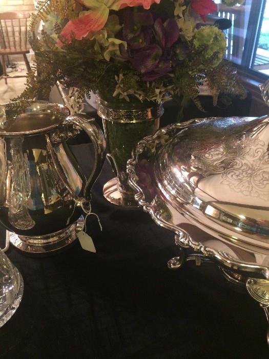 Silver plate pitcher, vase, and covered server