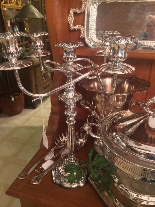 Silver plate candelabras & covered serving dish