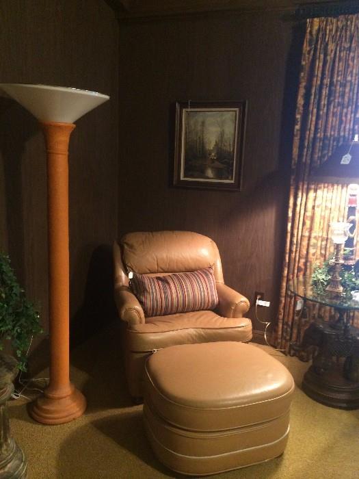 Floor accent lamp; leather club chair/ottoman