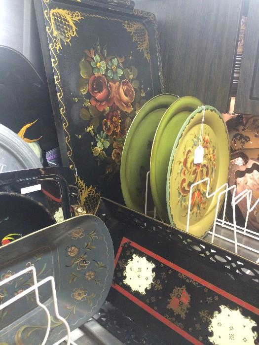 Many hand-painted tole trays
