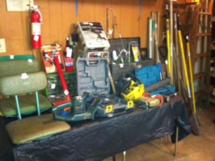 lawn equipment, garden, and various tools