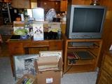 Vintage desk, decorative items, TV, TV stand, LP & 45 records