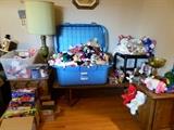Hundreds of beanie babies and other stuffed animals, 1 of 2 matching vintage lamps, Mid-century offee table that matches the end tables.