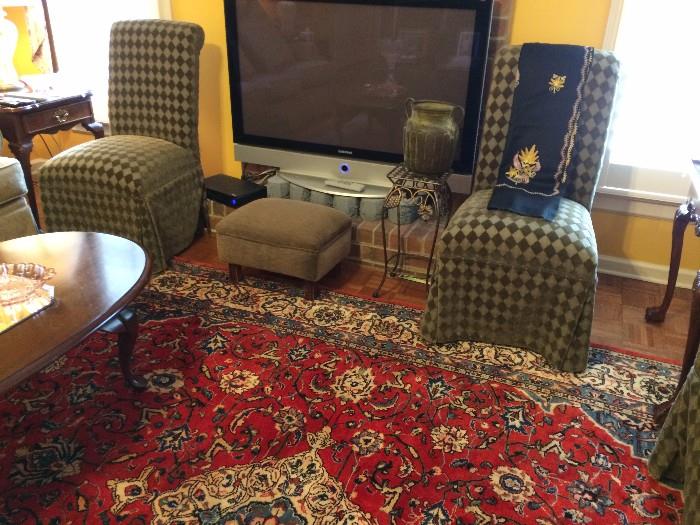 chairs, area rug, foot stool, coffee table