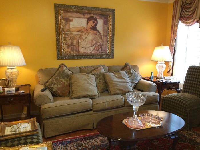 art, sofa, lamps, end tables , coffee table chairs, window treatment