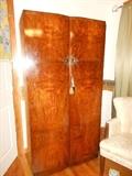 Burl Walnut Double Door Wardrobe with Brass Hardware Custom interior including glass cover hat cubbies