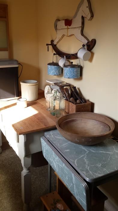 Dough Table, Out of Round Bowls, Drop Down Table, Crocks and Tins