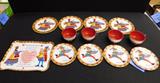 14 pc Mid Century Queen of Hearts Tin Litho Plate cup tray saucer. Ohio Art Garden Tea party set.