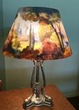 Artist signed Pairpoint reverse painted lamp shade and base