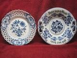 Left: Meissen Blue Onion Plate Reticulated Border Right: Antique German Plate Translated Give us Our Daily Bread.