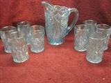 Vintage L.E. Smith Water Set Hobstar and Voltec Tree in limited edition aqua blue