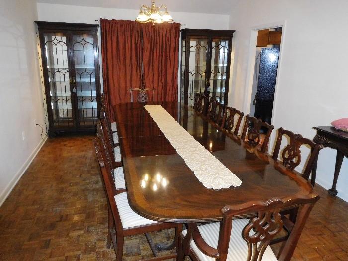 Top quality 14' inlaid dining room table and 12 Chippendale chairs
