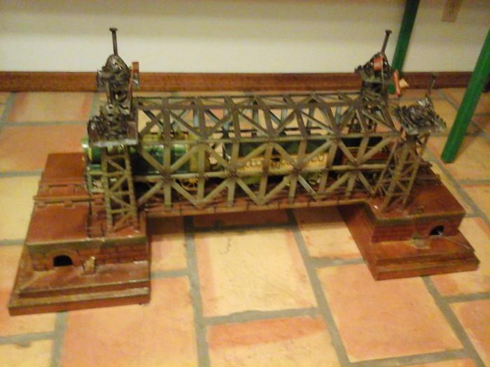 Base of coffee table with trestle and train.  Heavy Glass top makes this a real showpiece!