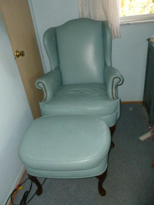 Fabulous blue leather chair w/ottoman