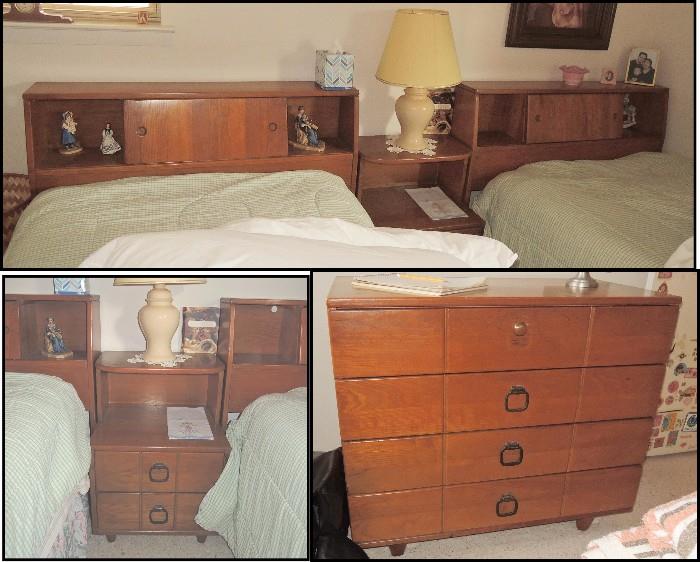 Mid-century twin bedroom suite with 2 beds, night - side table and single dresser