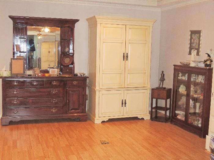 Bedroom Suite: solid wood queen bed headboard, dresser with display mirror.  Painted wood storage or media armoire.  Antique display furniture