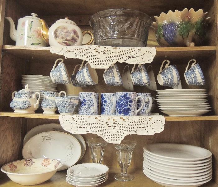 Blue Willow dish set,  punch bowl, white dishes, serving pieces & tea pots
