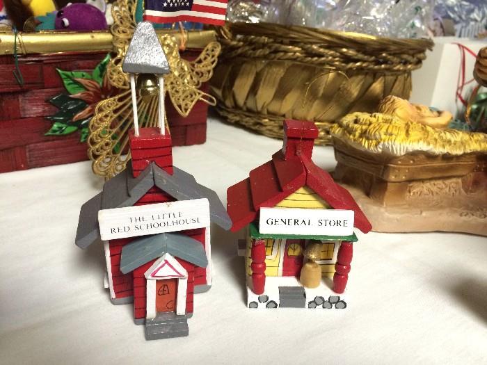 Many baskets of wooden, crystal, vintage, and contemporary Christmas ornaments are here
