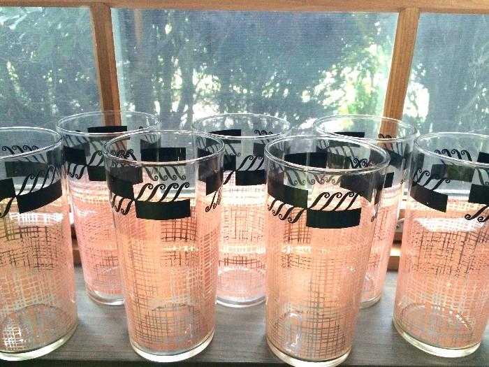 Vintage drinking glasses, pink and black, set of 7