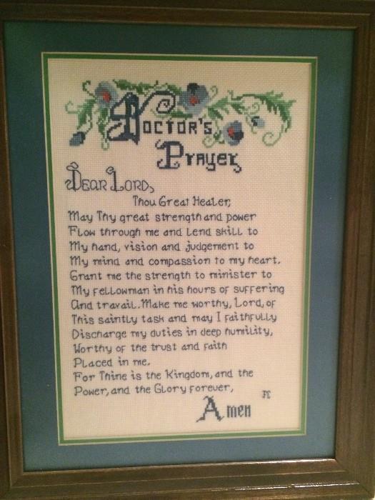 Cross-stitch doctor's prayer, framed