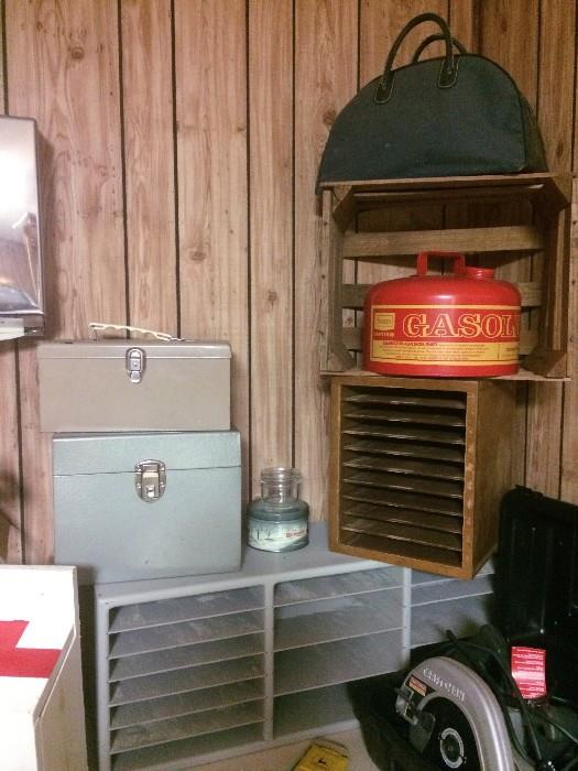 Vintage wooden filing cabinets, crates, gas cans, and more
