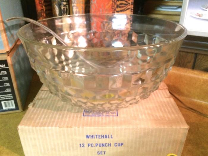 Whitehall American pattern bunch bowl with cups in box