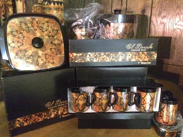 Still in box rad vintage El Dorado insulated mugs, ice chest, casserole, pitcher, tumblers