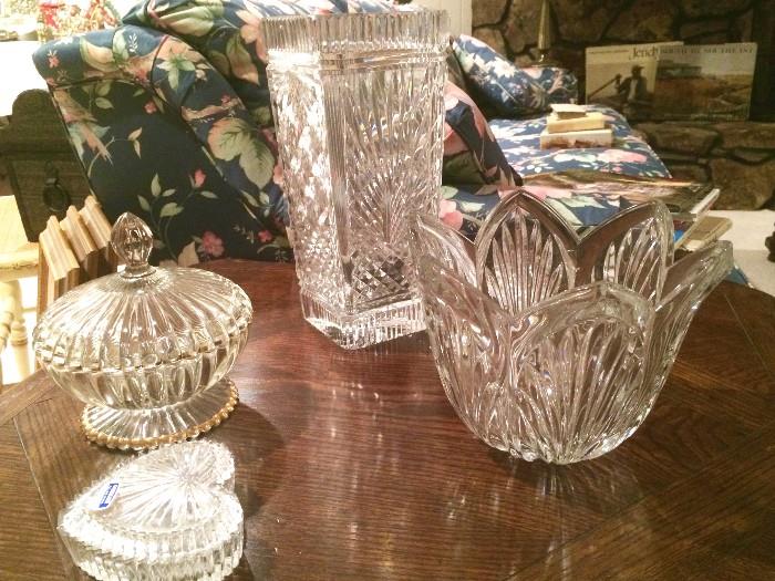 Crystal vase, bowl, candy dishes