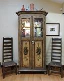 Hand Painted Grape Design Wine Cabinet Hutch, Antique Ladder Back Straw Seat Chairs