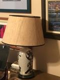 fine japans pottery lamp with original grass cloth shade,