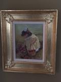 "Gathering Strawberries"By Elesa Shuman.  9.25 X 7.75, 15.5 X 13.75 framed.