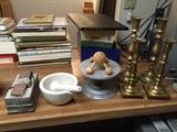 mortar and pestle, brass candlesticks