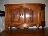 Small French provincial commode with shelves inside. English walnut, solid wood, hand carved, lacquer finish. 