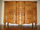 French provincial style solid English walnut chest of drawers. Hand carved. Lacquer finish.