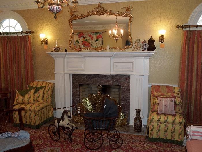 Friedman Gilt Mirror, Slipper Chairs, Antique Horse, Decoratives, 19th c. Brass Folding Fan Fireplace Screen