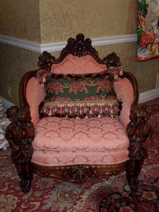 Antique Figural Carved Chair Covered in Silk Damask Fabric