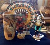 Hopi basket, Kachinas, cylinder pot, and belt buckle.