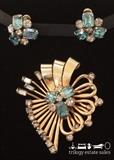 M&S 1/20-12k gold fill rhinestone and aquamarine brooch and clip earring set. Earrings have screw backs. 