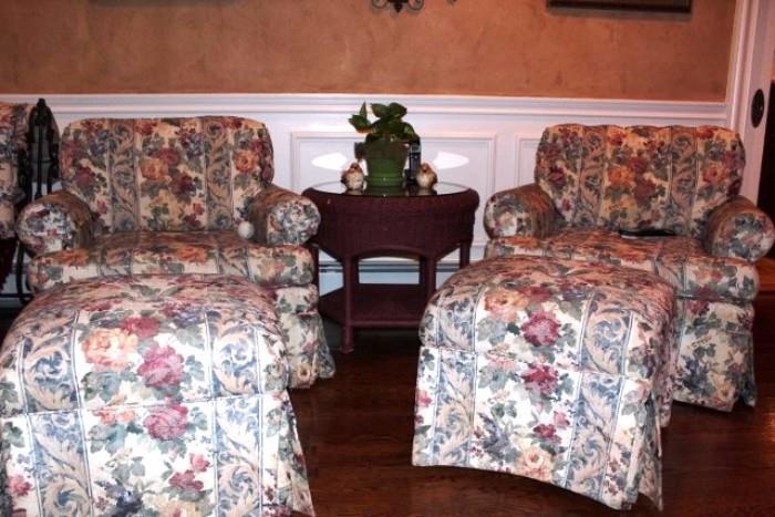 Pair Upholstered Club Chairs & Ottomans