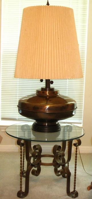 Glass Top Gold Finish Metal Base Occasional Table (24"D x 18"H) and Brass Lamp with Linen Pleated Shade (40"H x 12 D")