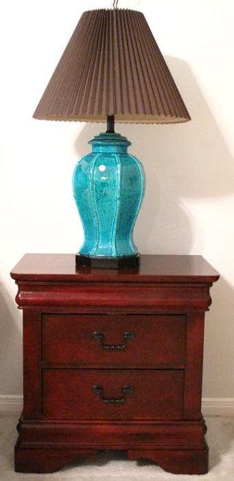  Furniture of America Cherry 2-drawer Nightstand (26"W x 17"D x 26"H)  show's with Made in Italy Turquoise Ceramic Ginger Jar Lamp with Brown Pleated Shade ( 1 of 2 Shown)