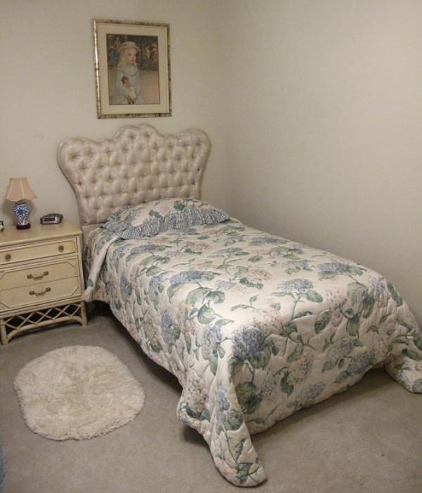 Button Tufted Brocade Twin Headboard (one of two shown).  Separate Twin Floral Quilted Bedspread.