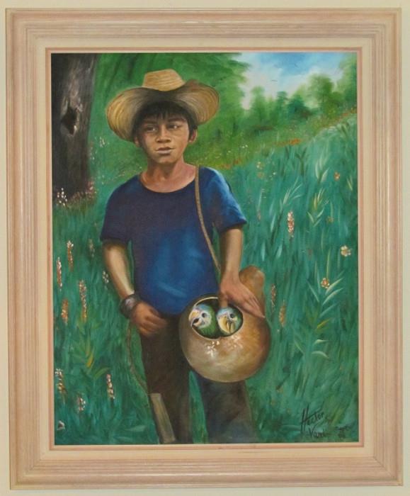 Original Art (Acrylic) on Canvas "Portrait of a Young Mexican Boy"  by Artis Hector Vari of San Carlso California 1990 (22" x 28") in a (3.5") Oak Frame with a Linen Mat