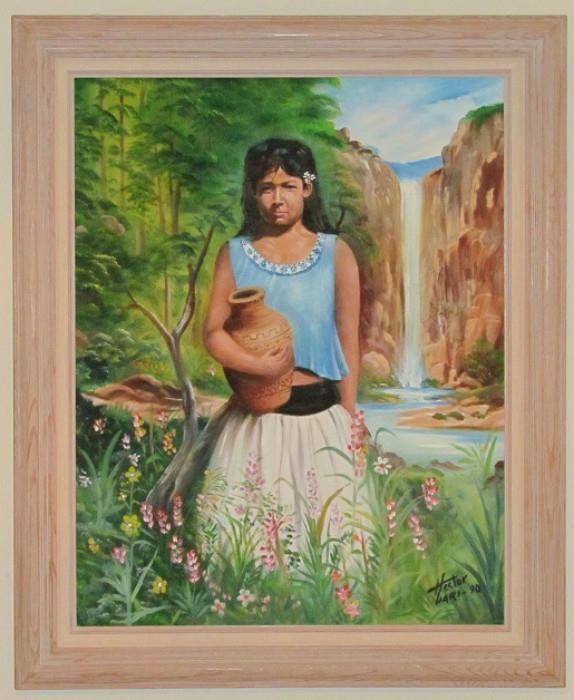 Original Art (Acrylic) on Canvas "Portrait of a Young Mexican Girl"  by Artis Hector Vari of San Carlso California 1990 (22" x 28") in a (3.5") Oak Frame with a Linen Mat