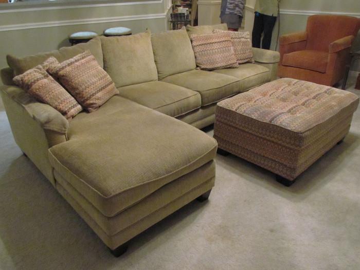 Basset Furniture Industry Prairie Chenille Custom Upholstery sectional including Loose Cushion Sofa, Chaise and Over Size Ottoman and Accent Pillows in Contrasting Mesa Tapestry Upholstery