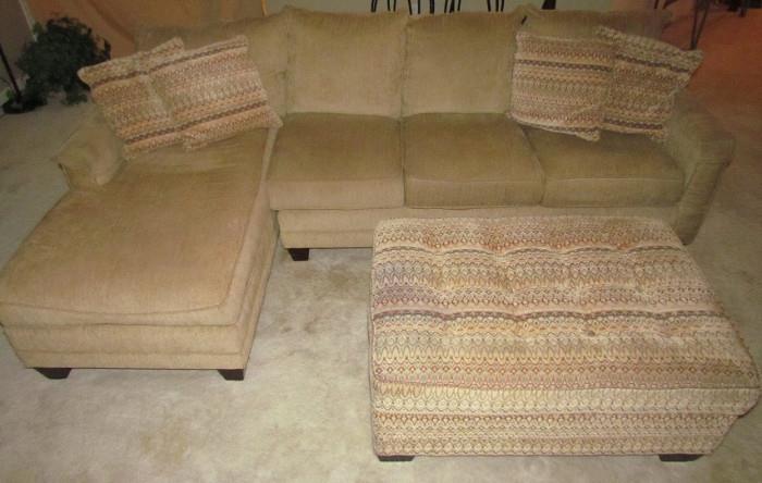 Basset Furniture Industry Prairie Chenille Custom Upholstery sectional including Loose Cushion Sofa, Chaise and Over Size Ottoman and Accent Pillows in Contrasting Mesa Tapestry Upholstery