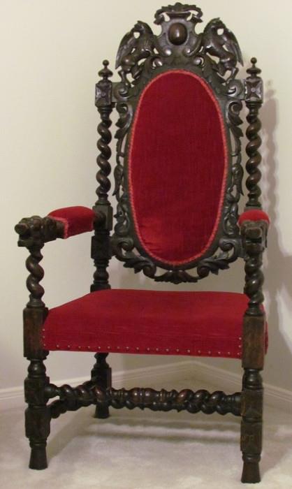 Antique 19th Century Renaissance Throne Chair hand Carved Crest Back Flanked on either side with Griffins, Barley Twist Frame with Dog Head Hand Rest